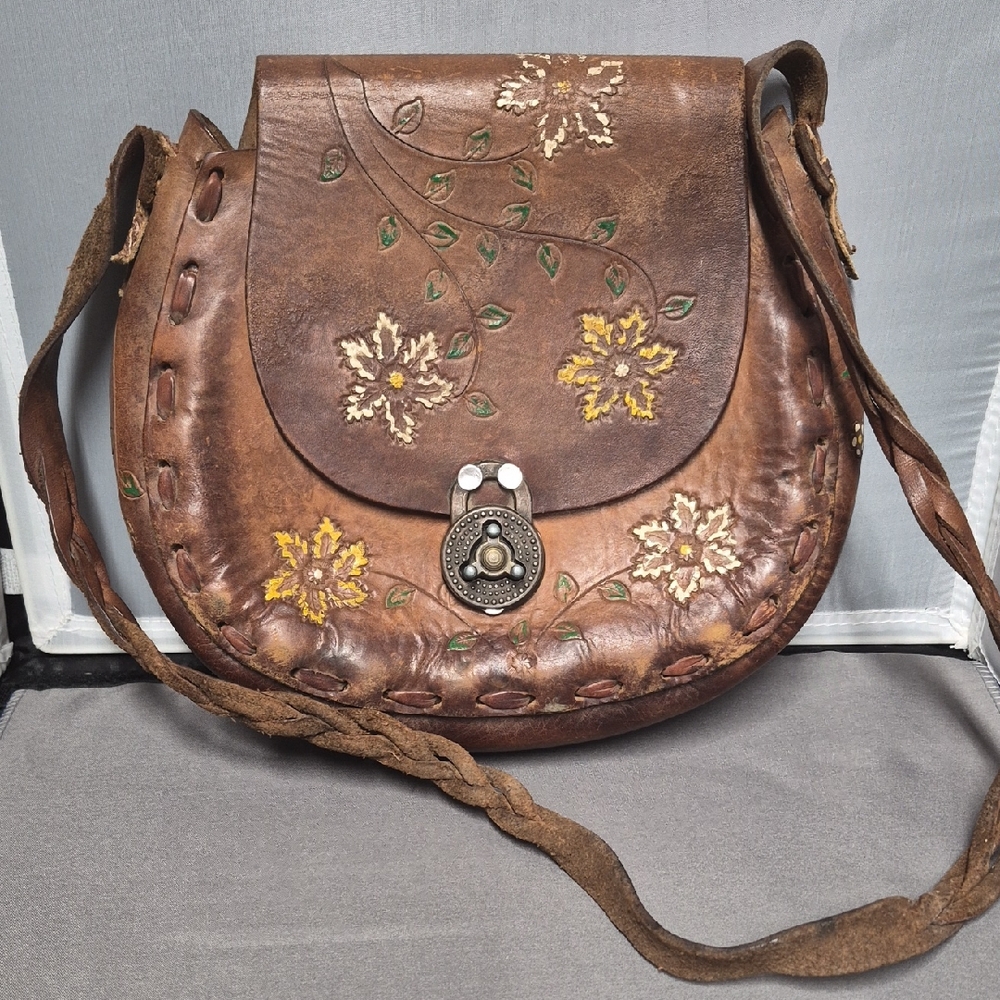 Vintage Handcrafted Brown Floral Embroidered Leather Bag